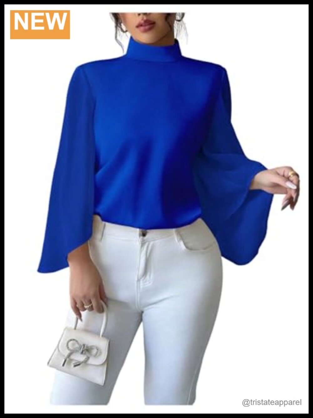 Women's Satin Mock Neck Blouse Flounce Sleeve Business Casual